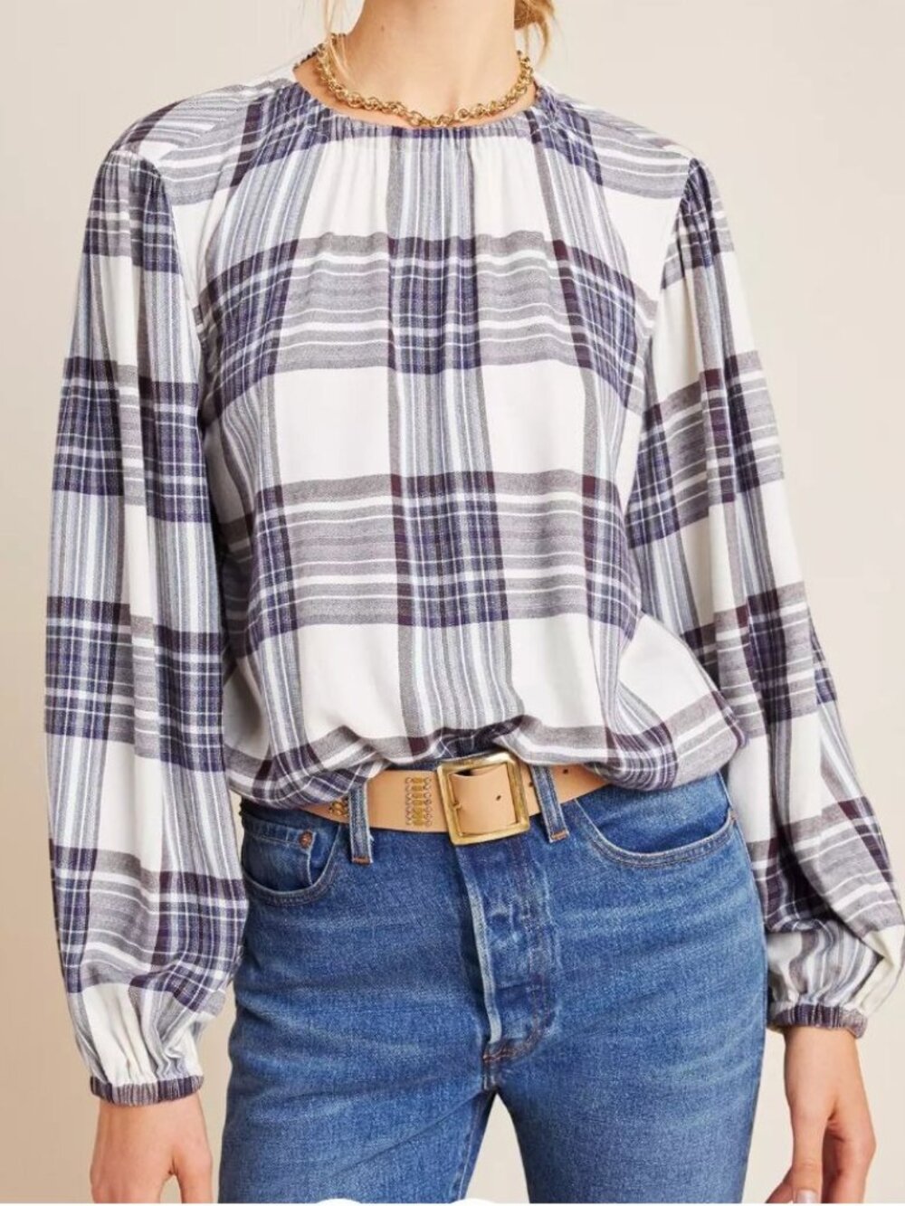 Anthropologie Cloth & Stone Glacier Plaid Balloon Sleeve Blouse NWT Small
